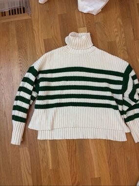Madewell Cream and Dark Green Striped Turtleneck Sweater